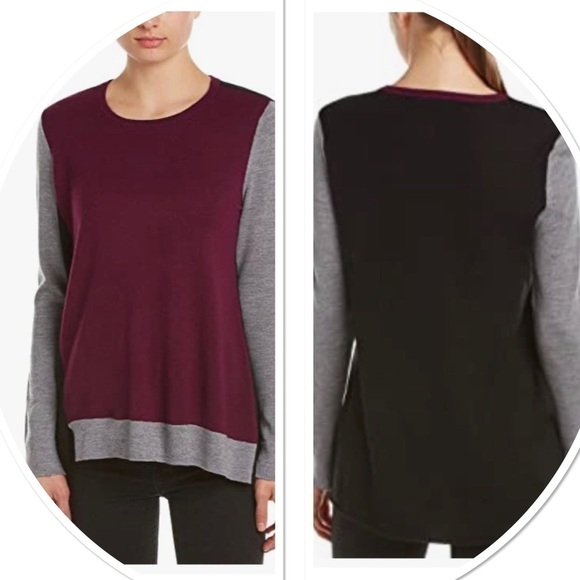 BCBG Merrino wool asymmetric sweater. beautiful deep wine, grey, black - Picture 1 of 12